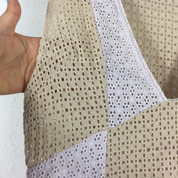 Urban Outfitters Kay Cream Tan Patchwork 70s Eyelet Shift Mini Dress Medium - Picture 8 of 15